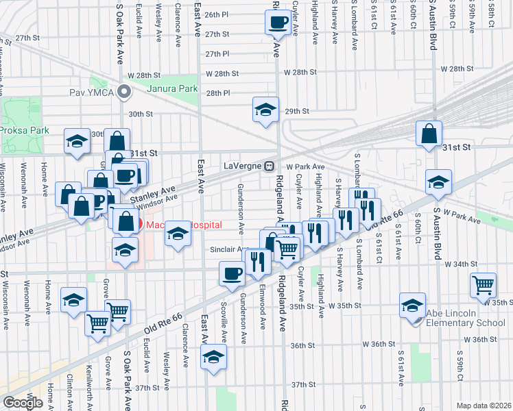 map of restaurants, bars, coffee shops, grocery stores, and more near 6427 Fairfield Avenue in Berwyn
