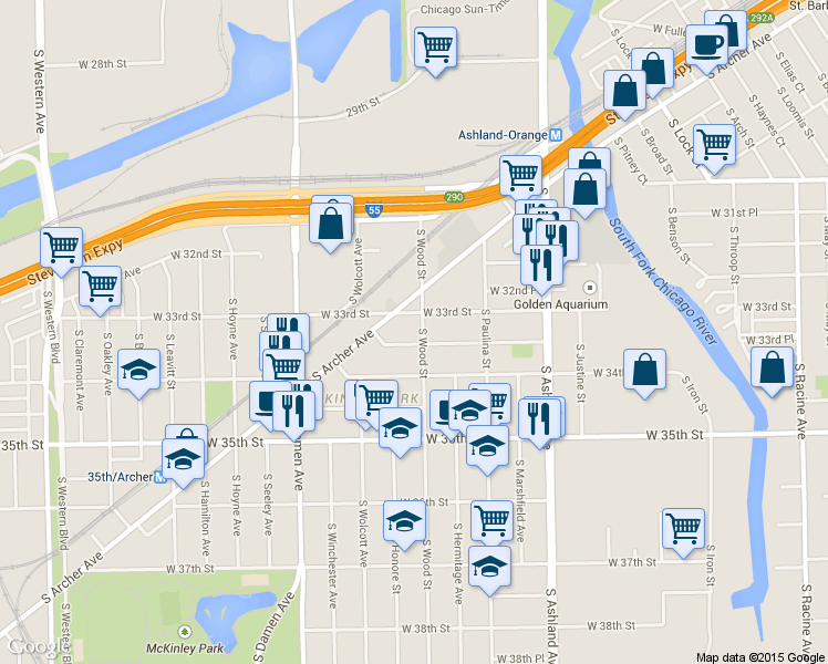 map of restaurants, bars, coffee shops, grocery stores, and more near 3316 S Wood St in Chicago