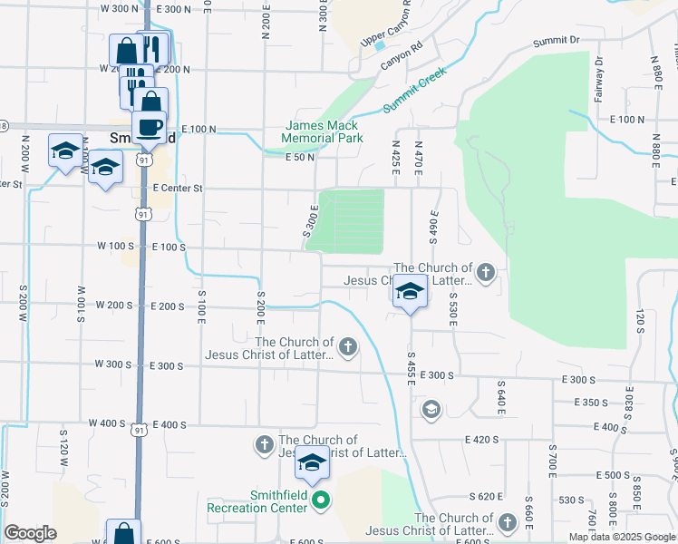 map of restaurants, bars, coffee shops, grocery stores, and more near 330 East 120 South in Smithfield