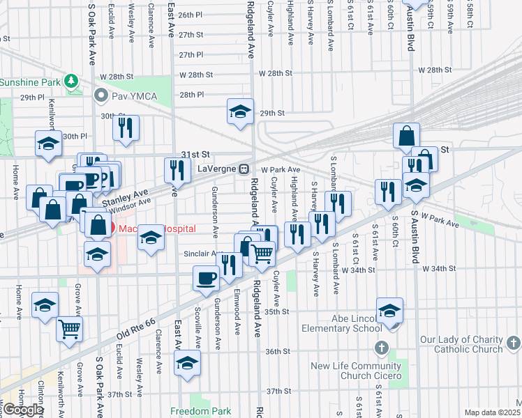 map of restaurants, bars, coffee shops, grocery stores, and more near 3217 Ridgeland Avenue in Berwyn