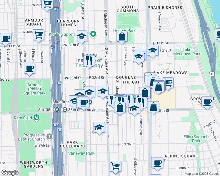 map of restaurants, bars, coffee shops, grocery stores, and more near 3341 South Michigan Avenue in Chicago
