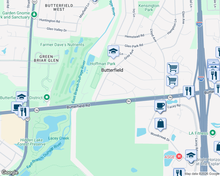 map of restaurants, bars, coffee shops, grocery stores, and more near 2S616 Audubon Court in Lombard