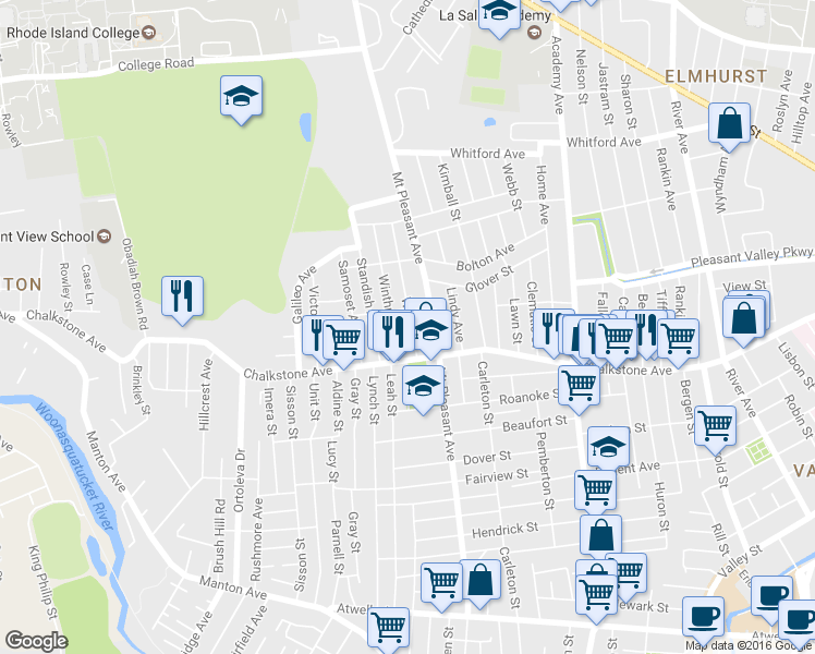 map of restaurants, bars, coffee shops, grocery stores, and more near 32 Waller Street in Providence