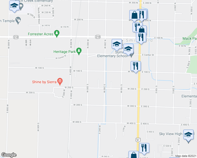map of restaurants, bars, coffee shops, grocery stores, and more near 158 South 240 West in Smithfield