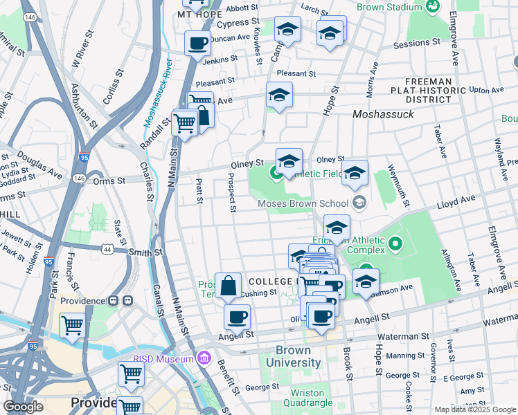 map of restaurants, bars, coffee shops, grocery stores, and more near 222 Brown Street in Providence