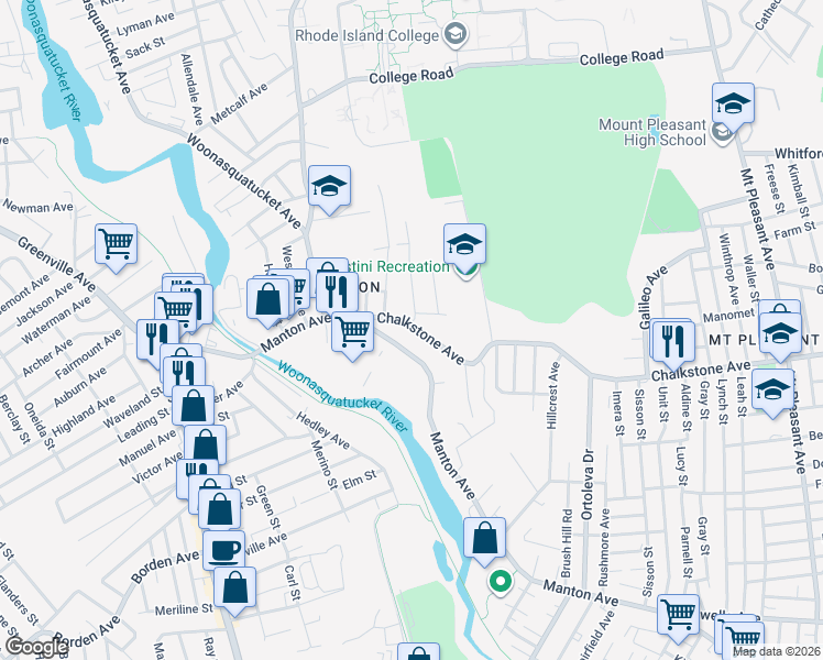 map of restaurants, bars, coffee shops, grocery stores, and more near 1688 Chalkstone Avenue in Providence