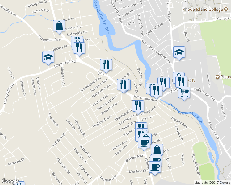 map of restaurants, bars, coffee shops, grocery stores, and more near 5 Archer Avenue in Johnston
