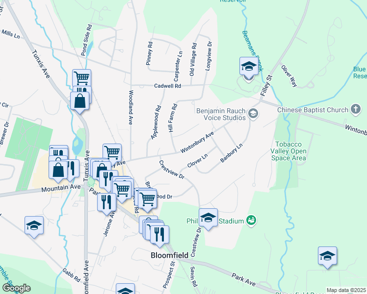 map of restaurants, bars, coffee shops, grocery stores, and more near 72 Wintonbury Avenue in Bloomfield