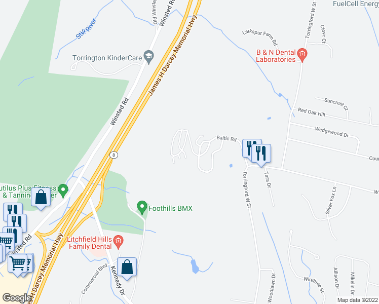 map of restaurants, bars, coffee shops, grocery stores, and more near 51 Rockledge Loop in Torrington