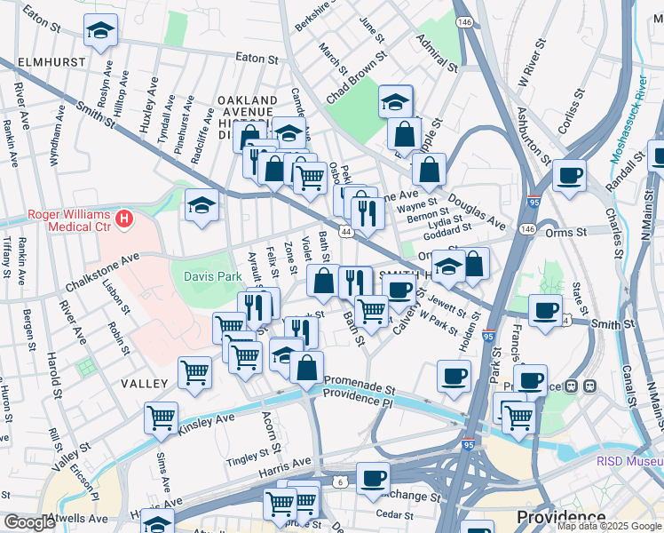 map of restaurants, bars, coffee shops, grocery stores, and more near 119 Bath Street in Providence