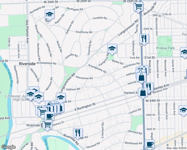 map of restaurants, bars, coffee shops, grocery stores, and more near 280 Shenstone Road in Riverside