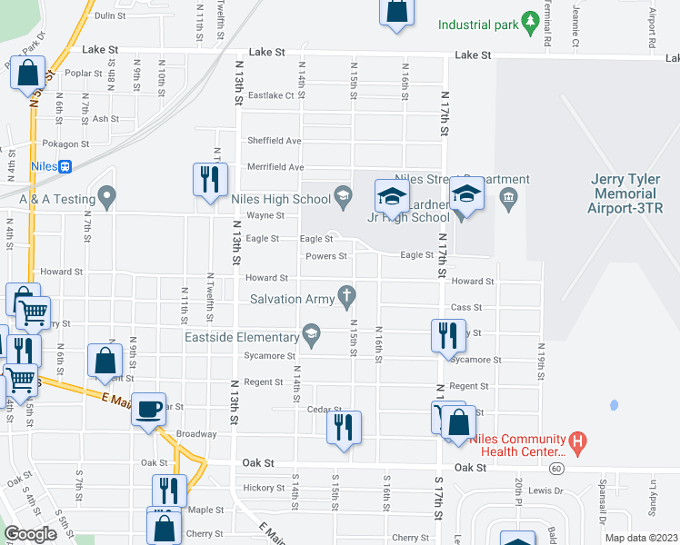 map of restaurants, bars, coffee shops, grocery stores, and more near 1443 Howard Street in Niles