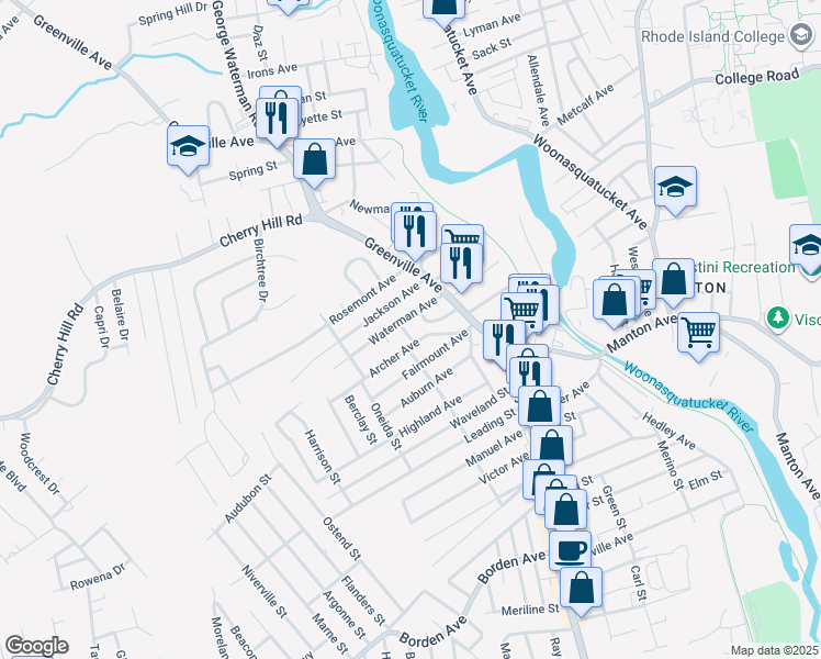 map of restaurants, bars, coffee shops, grocery stores, and more near 6 Higgins Street in Johnston