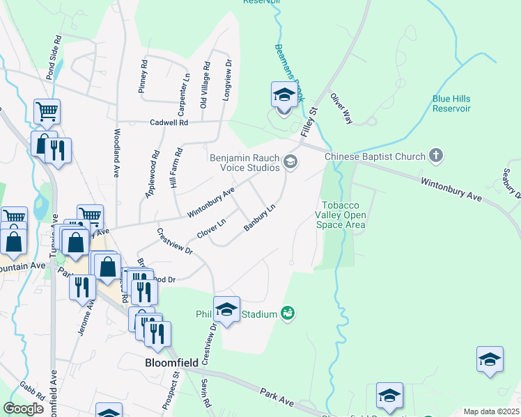 map of restaurants, bars, coffee shops, grocery stores, and more near 10 Hickory Lane in Bloomfield