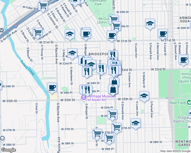 map of restaurants, bars, coffee shops, grocery stores, and more near 919 West 33rd Place in Chicago
