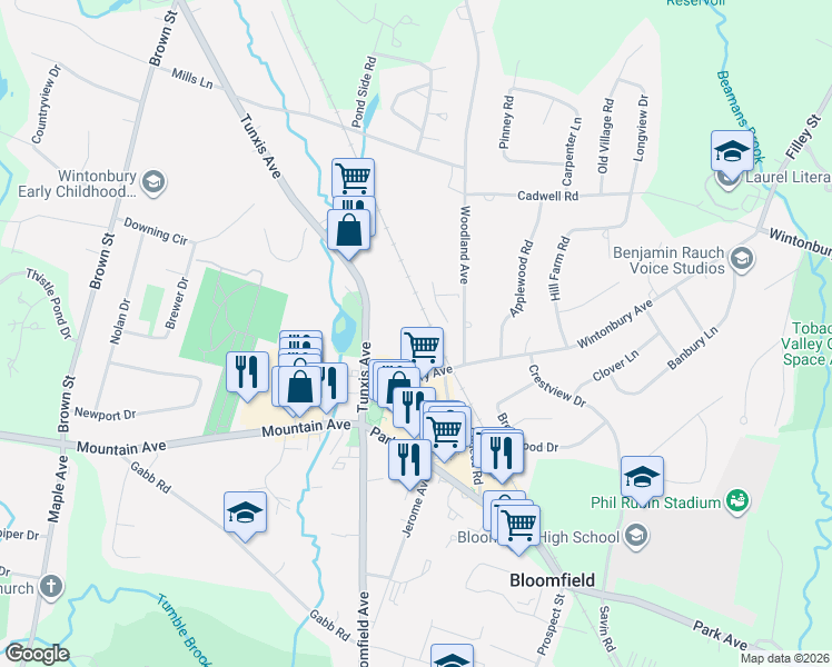 map of restaurants, bars, coffee shops, grocery stores, and more near 26 Wintonbury Avenue in Bloomfield