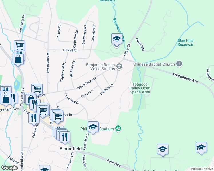 map of restaurants, bars, coffee shops, grocery stores, and more near 10 Hickory Lane in Bloomfield