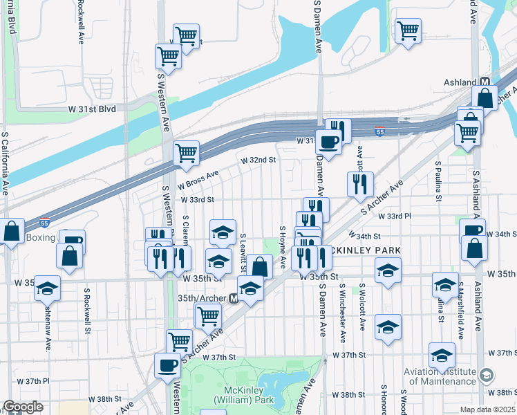 map of restaurants, bars, coffee shops, grocery stores, and more near 3310 South Hamilton Avenue in Chicago