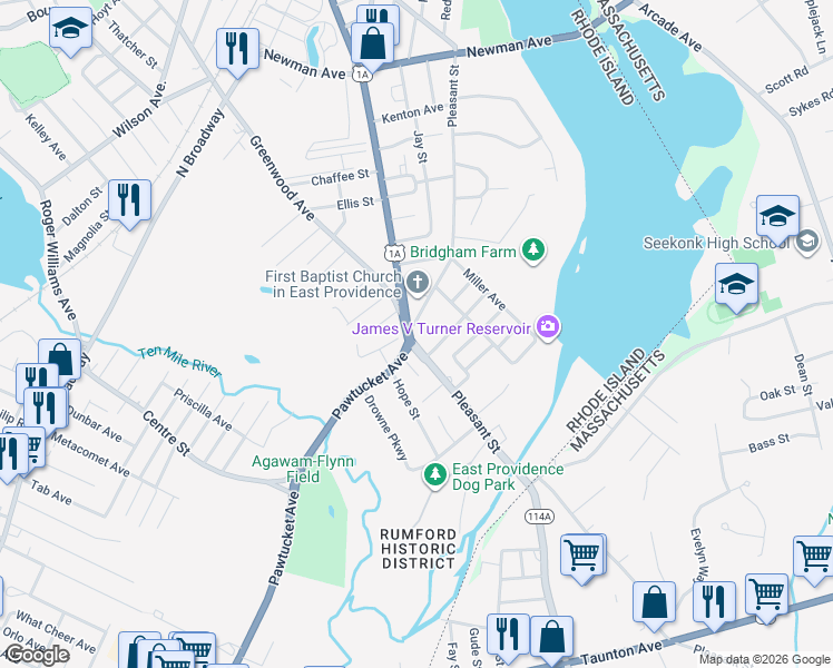 map of restaurants, bars, coffee shops, grocery stores, and more near 298 Pleasant Street in East Providence