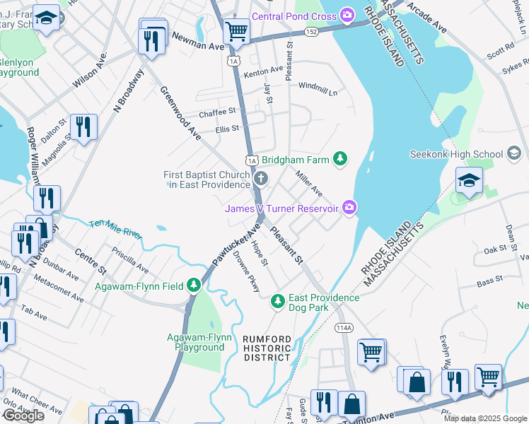 map of restaurants, bars, coffee shops, grocery stores, and more near 298 Pleasant Street in East Providence