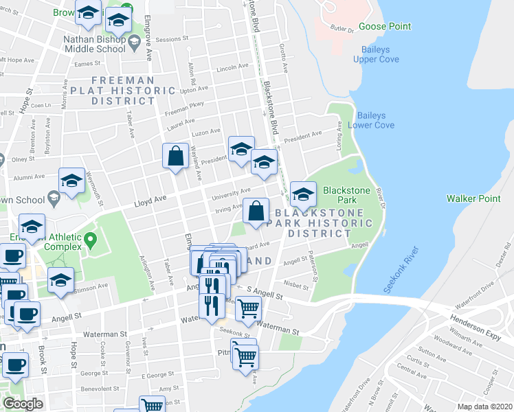 map of restaurants, bars, coffee shops, grocery stores, and more near 145 Irving Avenue in Providence