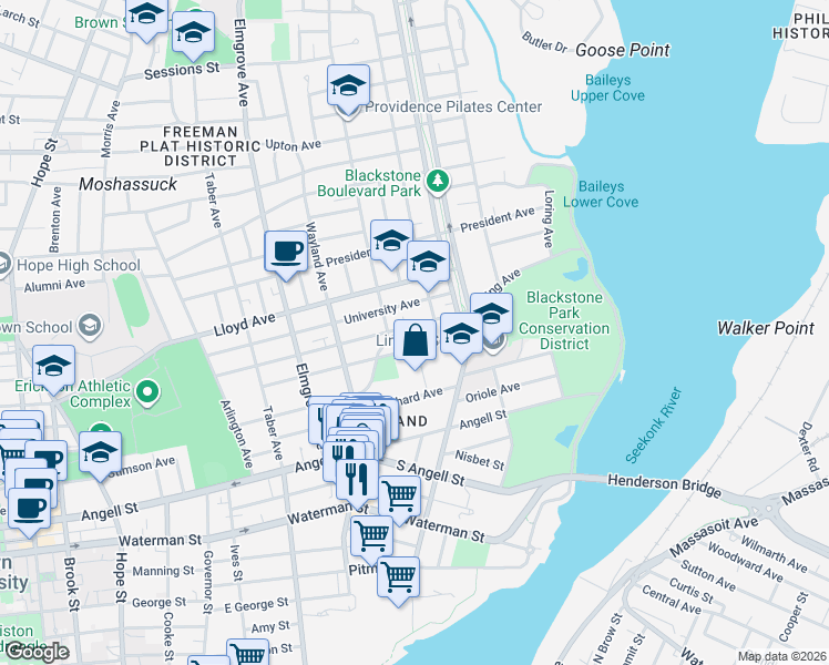 map of restaurants, bars, coffee shops, grocery stores, and more near 145 Irving Avenue in Providence