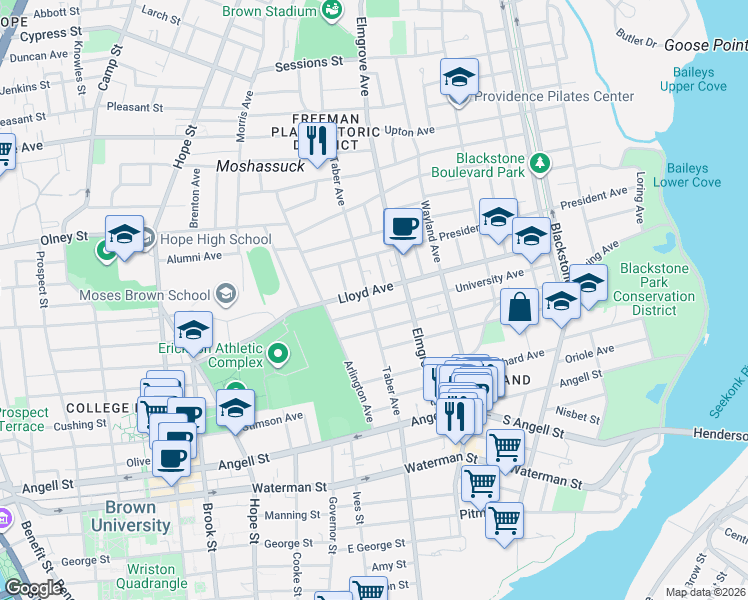 map of restaurants, bars, coffee shops, grocery stores, and more near 126 Taber Avenue in Providence