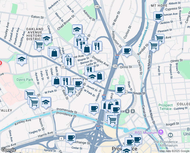 map of restaurants, bars, coffee shops, grocery stores, and more near 22 Washburn Street in Providence
