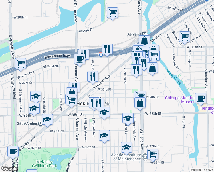 map of restaurants, bars, coffee shops, grocery stores, and more near 3316 South Wood Street in Chicago