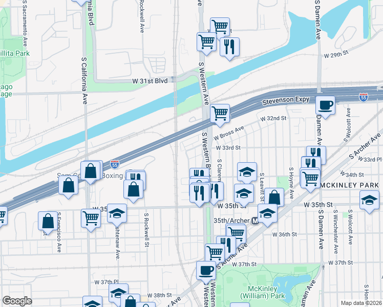 map of restaurants, bars, coffee shops, grocery stores, and more near 3310 South Western Avenue in Chicago