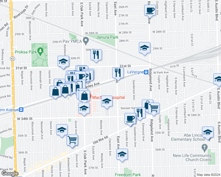 map of restaurants, bars, coffee shops, grocery stores, and more near 3219 Clarence Avenue in Berwyn