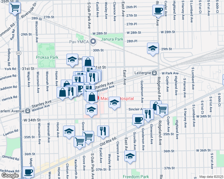 map of restaurants, bars, coffee shops, grocery stores, and more near in Stickney