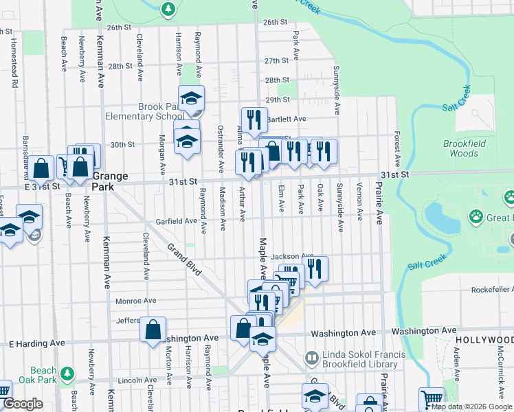 map of restaurants, bars, coffee shops, grocery stores, and more near 3136 Maple Avenue in Brookfield