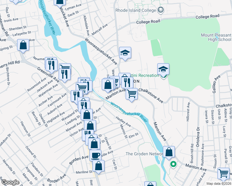 map of restaurants, bars, coffee shops, grocery stores, and more near 964 Manton Avenue in Providence