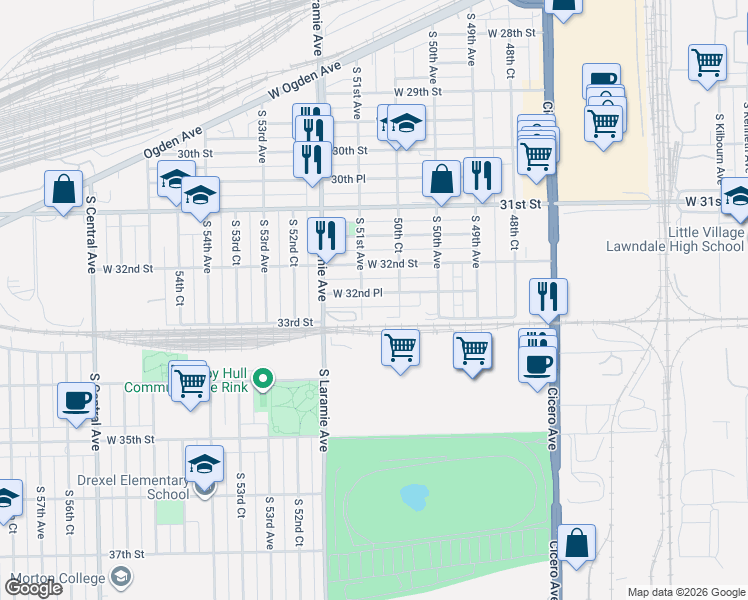 map of restaurants, bars, coffee shops, grocery stores, and more near 5057 West 32nd Place in Cicero