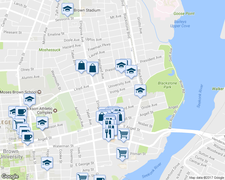 map of restaurants, bars, coffee shops, grocery stores, and more near 118 Irving Avenue in Providence