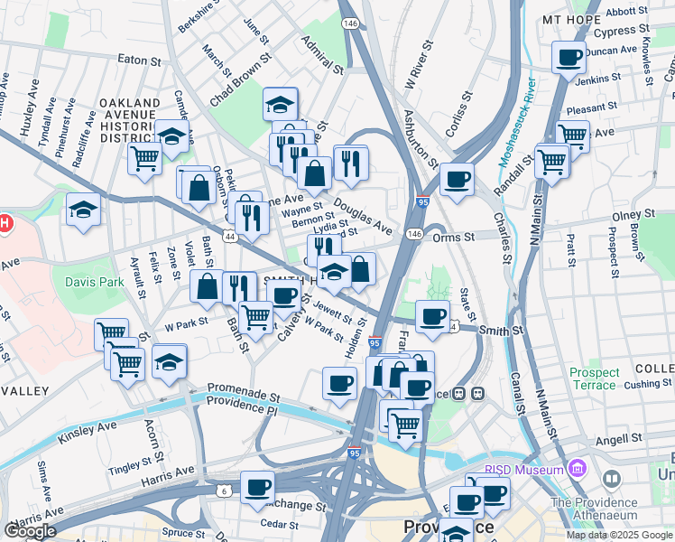 map of restaurants, bars, coffee shops, grocery stores, and more near 22 Washburn Street in Providence