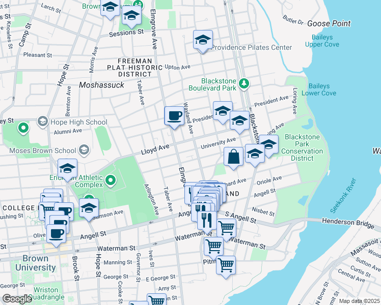 map of restaurants, bars, coffee shops, grocery stores, and more near 97 University Avenue in Providence