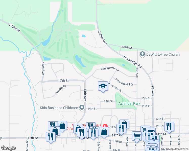 map of restaurants, bars, coffee shops, grocery stores, and more near 1144 Brookview Drive in DeWitt