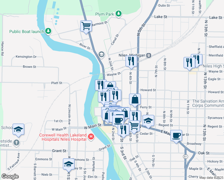 map of restaurants, bars, coffee shops, grocery stores, and more near 604 North 2nd Street in Niles