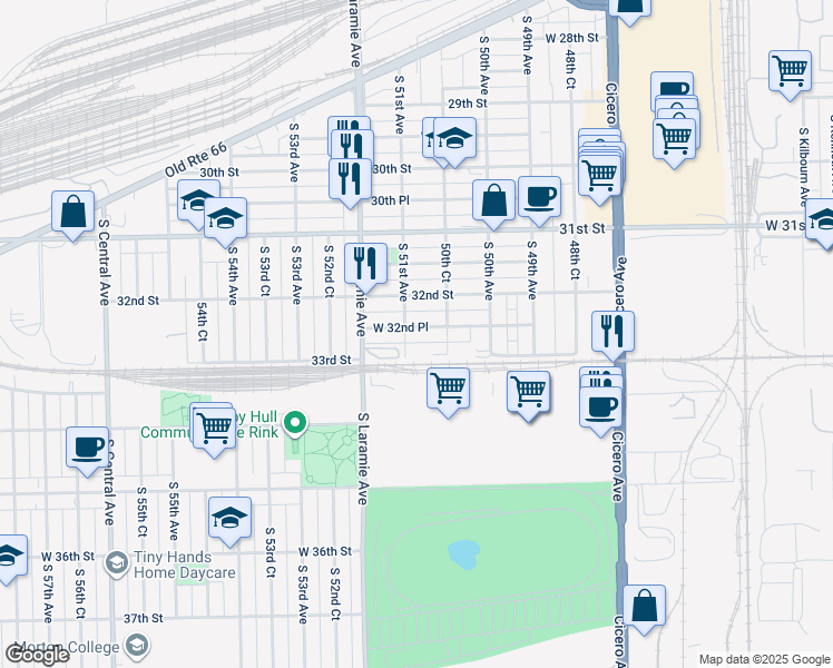 map of restaurants, bars, coffee shops, grocery stores, and more near 5059 West 32nd Place in Cicero