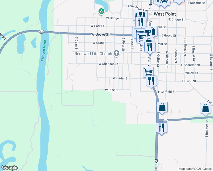 map of restaurants, bars, coffee shops, grocery stores, and more near 630 South Ash Street in West Point