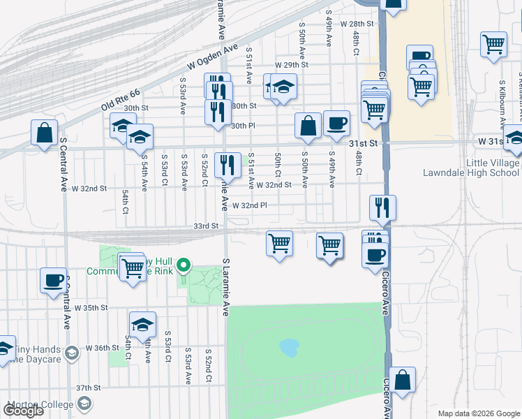 map of restaurants, bars, coffee shops, grocery stores, and more near 5057 West 32nd Place in Cicero