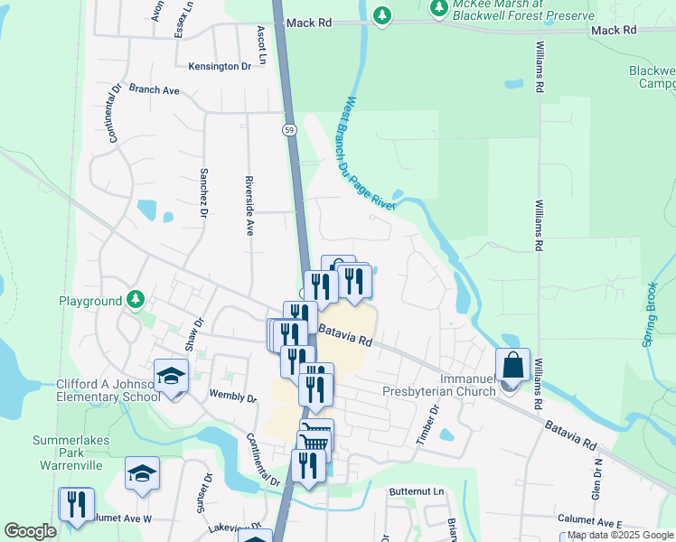 map of restaurants, bars, coffee shops, grocery stores, and more near 29W549 Country Ridge Drive in Warrenville