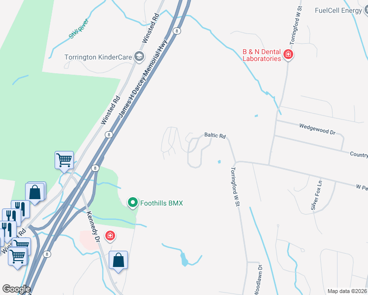map of restaurants, bars, coffee shops, grocery stores, and more near 51 Rockledge Loop in Torrington