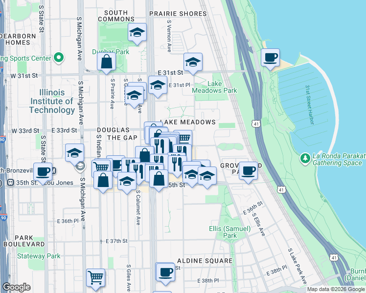map of restaurants, bars, coffee shops, grocery stores, and more near S Rhodes Ave & E 33rd Pl in Chicago