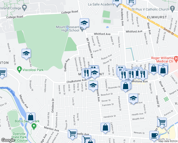 map of restaurants, bars, coffee shops, grocery stores, and more near 32 Waller Street in Providence