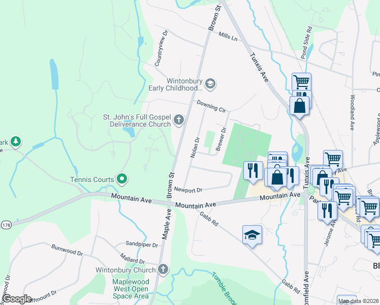 map of restaurants, bars, coffee shops, grocery stores, and more near 17 Nolan Drive in Bloomfield