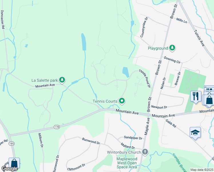 map of restaurants, bars, coffee shops, grocery stores, and more near 125 Thistle Pond Drive in Bloomfield