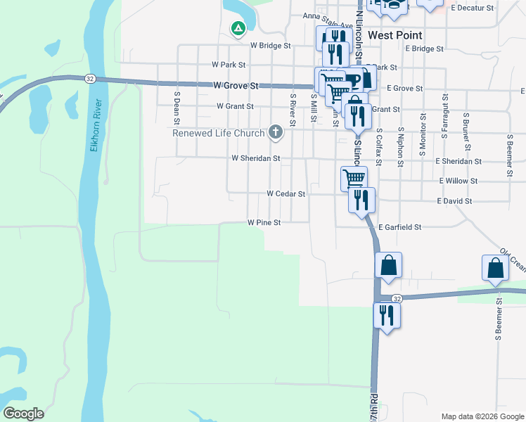 map of restaurants, bars, coffee shops, grocery stores, and more near 630 South Ash Street in West Point